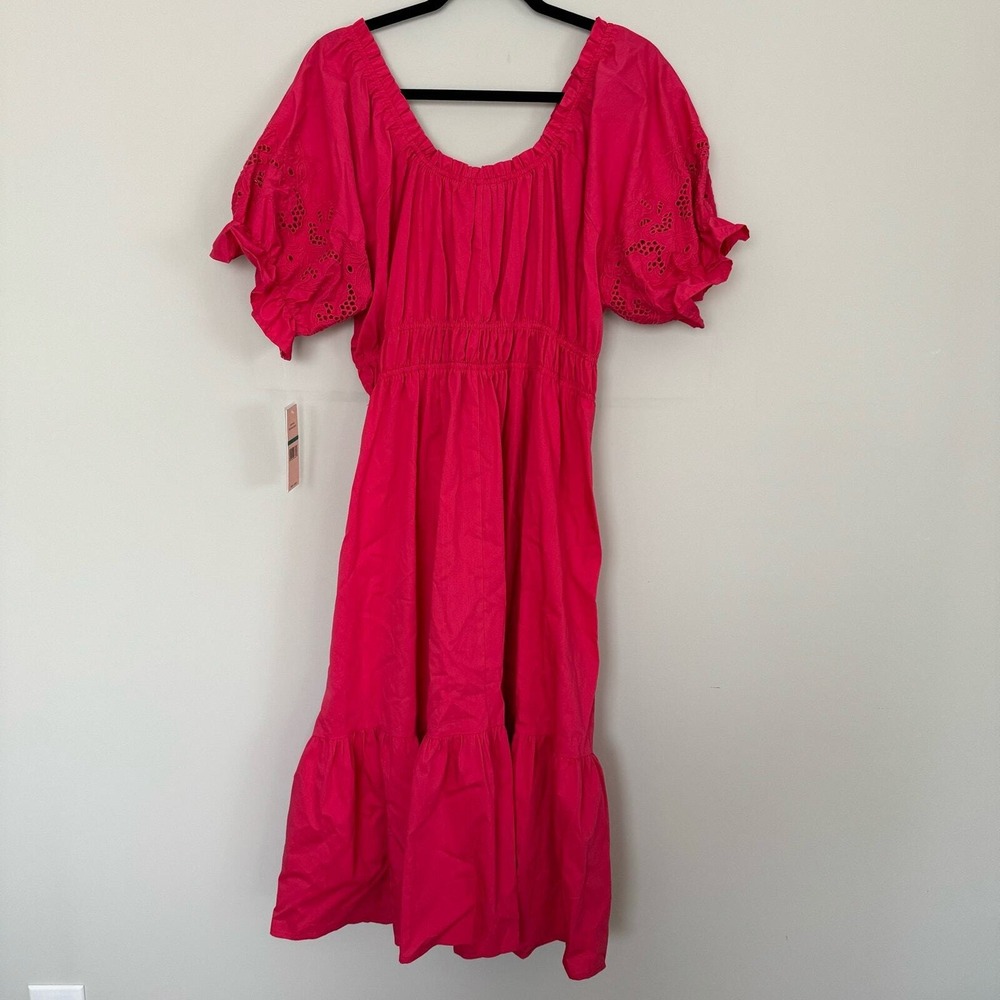 Nanette Lepore Pink Midi Dress Eyelet Puff Sleeve Tiered Womens Size 16 - Picture 3 of 7